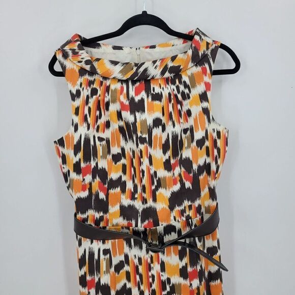 Vintage 90s Sleeveless Boatneck Sheath Dress 10 Orange Brown Abstract Mod USA - Picture 5 of 13